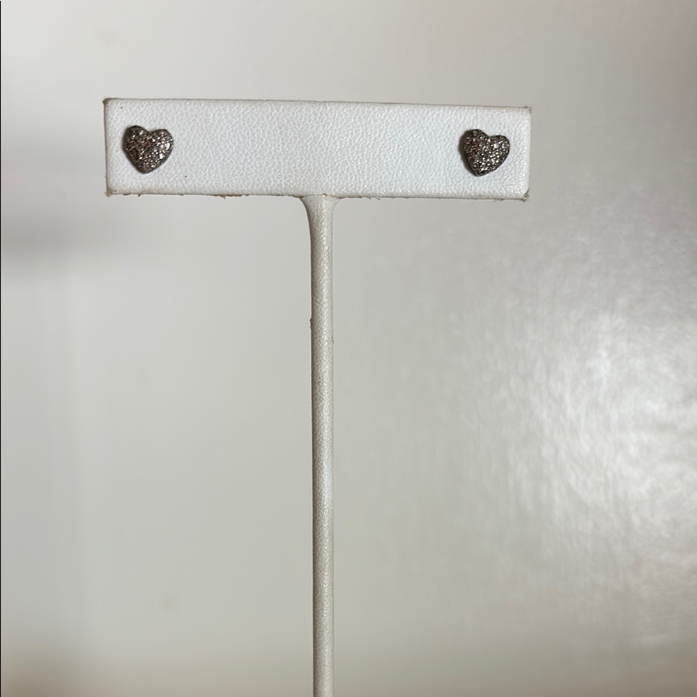 Pave diamond heart stud earrings, oxidized silver.